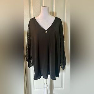 Women’s Plus XXL Black Flowy Blouse w/sheer Polka Dot Sleeve NWT